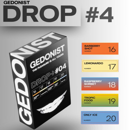 Tobacco Gedonist Drop Box № 04 (Barberry Shot, Lemonardo, Raspberry Sorbet, Tropic Food, Only Ice)